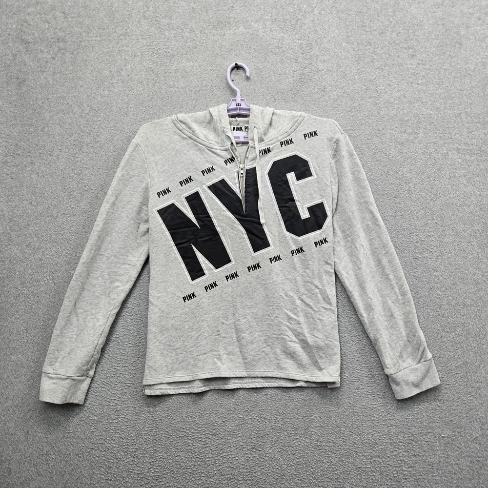 Victoria's Secret PINK Women Hoodie M Gray Graphic Logo Spellout Activewear NYC